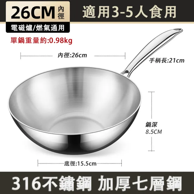 【HUIJIAYIGOU 惠家易購】廚房炒菜鍋 26-28cm深炒鍋 加厚七層鋼 煎炒鍋 316不鏽鋼炒鍋 無蓋款 電磁爐通用款