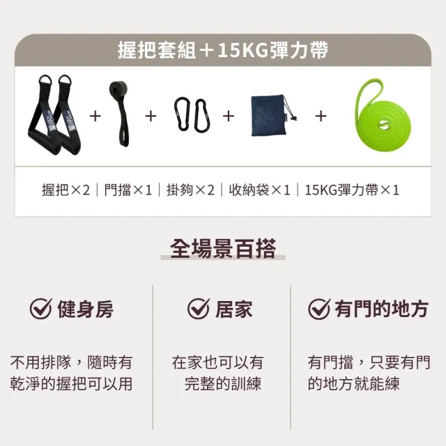 【KEY POWER 氣魄】阻力訓練套組-健身握把＋15kg彈力帶｜7件組(居家訓練.阻力訓練.新手入門)