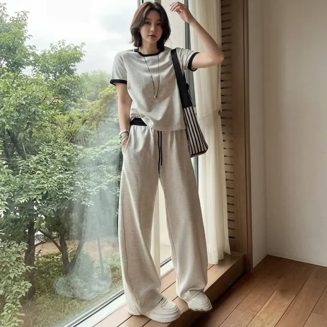 【Pure 衣櫃】洋氣休閒風撞色上衣闊腿褲兩件套(洋氣/闊腿褲/兩件套/KDAY-W13)