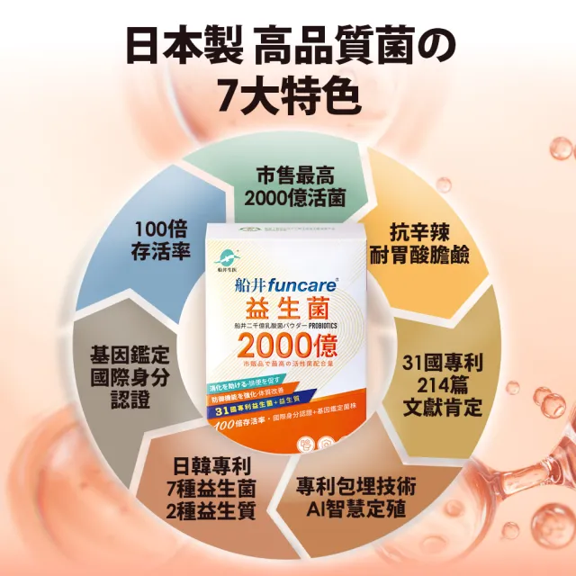 【funcare 船井生醫】2000億益生菌30包/盒x6盒(共180包；日本原裝進口/幫助消化/排便順暢/調整體質/增強保 