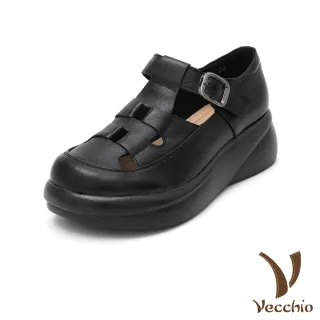 【Vecchio】真皮休閒鞋 厚底休閒鞋/真皮透氣縷空邊織皮帶釦飾厚底休閒鞋(黑)