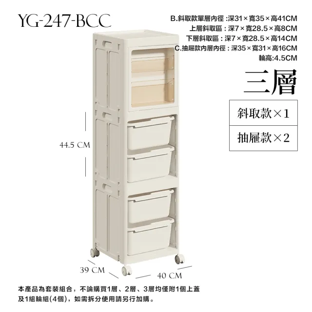 【FL 生活+】三層 斜取款+抽屜款x2 3元素可疊加附輪折疊收納箱 收納櫃 面寬40公分 免工具組裝 自由疊加