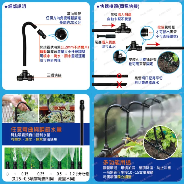 【田園樂】育材萬向可調自動澆水噴霧套組/8mm黑管/快接款*5/球閥/插電(附8mm黑管10米)