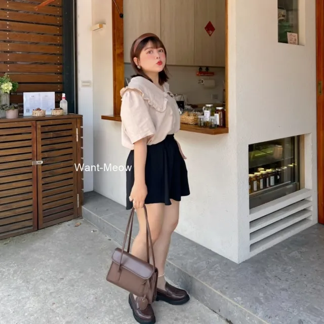 【Want-Meow】90公斤可穿/短袖韓系棉麻寶寶領翻領襯衫上衣大學T短袖T(大碼上衣/大碼/大尺碼/短袖上衣)