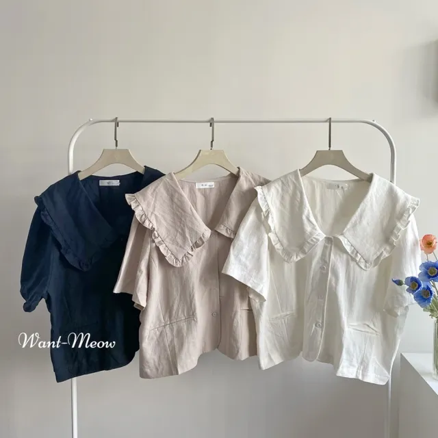 【Want-Meow】90公斤可穿/短袖韓系棉麻寶寶領翻領襯衫上衣大學T短袖T(大碼上衣/大碼/大尺碼/短袖上衣)