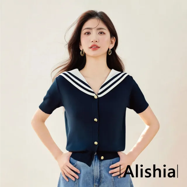 【Alishia】海軍風甜美氣質金扣V領撞色針織衫 短袖上衣 S-XL(藏青色)