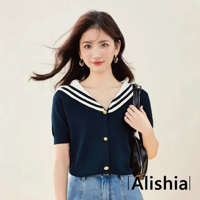 【Alishia】海軍風甜美氣質金扣V領撞色針織衫 短袖上衣 S-XL(藏青色)