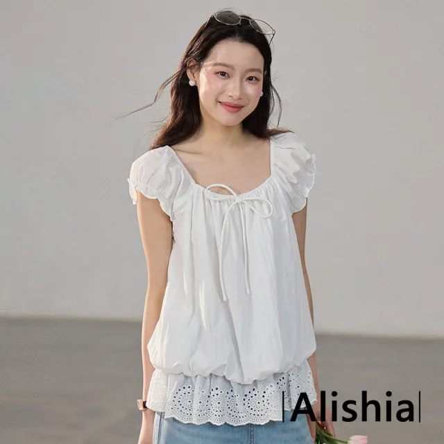 【Alishia】日系簡約質感方領蕾絲飛袖上衣 短袖上衣 F(白色 / 藍色)