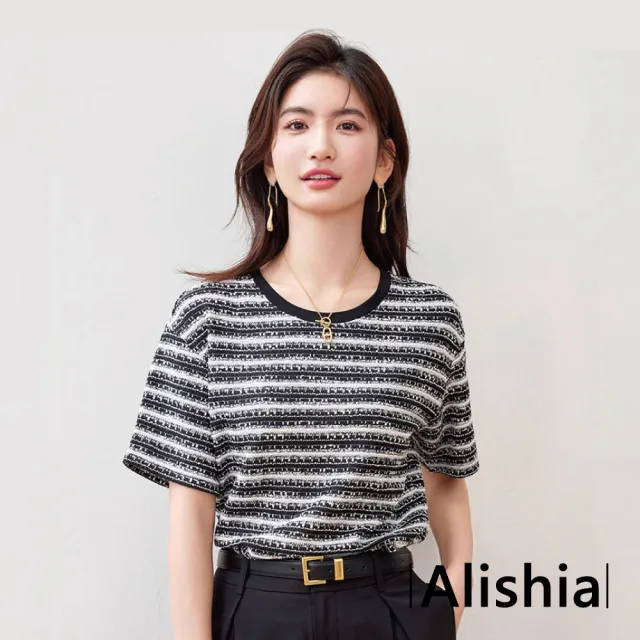 【Alishia】簡約休閒針織條紋質感上衣 T恤 短袖上衣 S-XL(黑色)