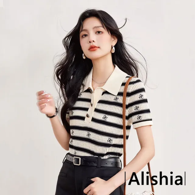 【Alishia】日系簡約刺繡質感條紋短袖上衣 翻領上衣 POLO衫 S-XL(條紋色)