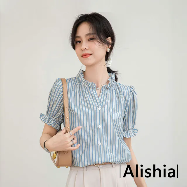 【Alishia】法式簡約質感泡泡袖荷葉領短袖上衣 襯衫 S-XL(藍條紋)
