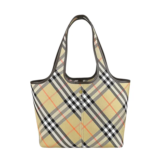 【BURBERRY 巴寶莉】BURBERRY 棉織布格紋馬術騎士鍍金LOGO手提/肩背子母購物包(沙米)