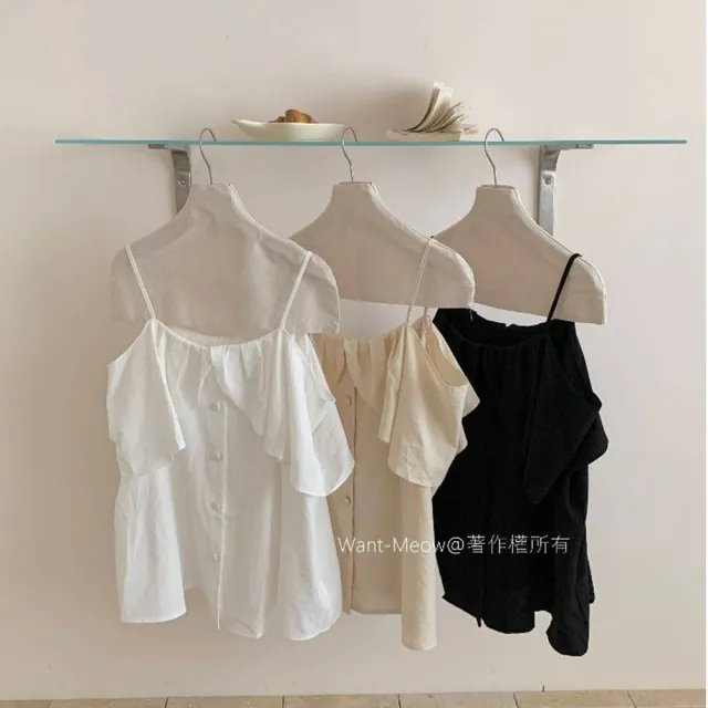 【Want-Meow】90公斤可穿/日系氣質一字領肩帶可調荷葉領雪紡上衣大學T短袖T(加大碼/大尺碼/短袖上衣)