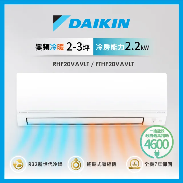 【DAIKIN 大金】★白金級安裝★2-3坪經典款一級變頻冷暖2.2KW分離式空調(RHF20VAVLT/FTHF20VAVLT)