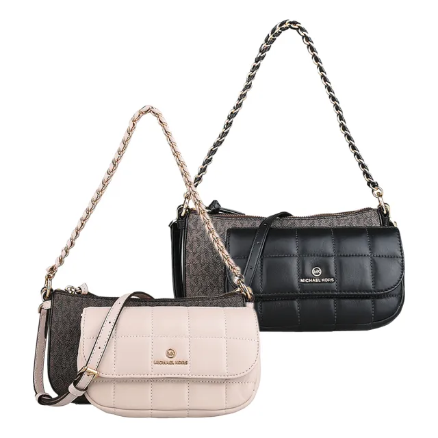 【Michael Kors】MICHAEL KORS 印花PVC搭牛皮拉鍊釦式四合一斜背包(深褐x多色)