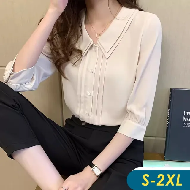 【CHACO】/現貨/女春秋杏色5分袖娃娃領OL紡衫襯衫上衣#6975(雪紡 上衣 襯衫 娃娃領 杏色 女 春夏)