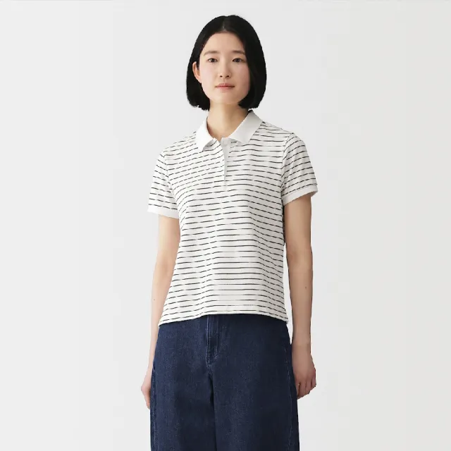【MUJI 無印良品】女鹿子織短袖POLO衫(柔白/黑色/柔白橫紋/暗藍橫紋/煙燻棕橫紋)