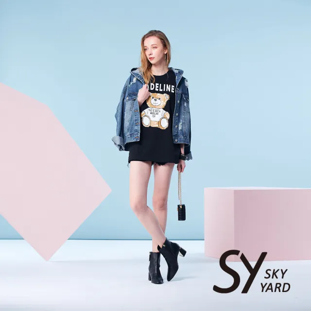【SKY YARD】網路限定款-時尚小熊彈性棉質短袖T恤-黑色