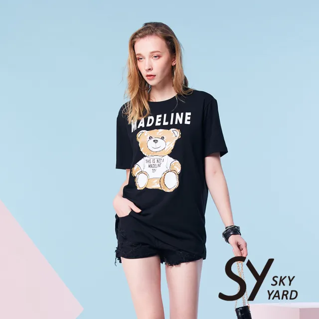 【SKY YARD】網路限定款-時尚小熊彈性棉質短袖T恤-黑色