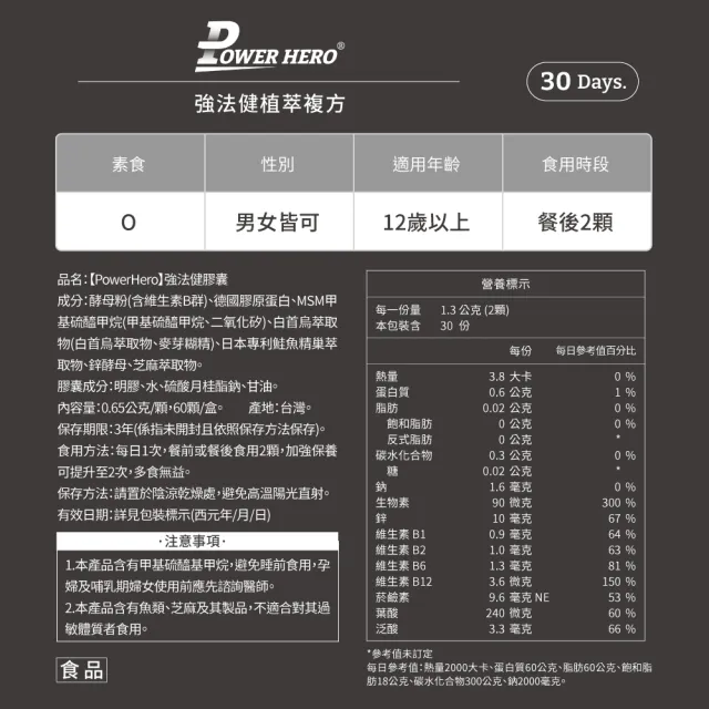 【PowerHero 勁漢英雄】強法健植萃複方x3盒(60顆/盒、專利德國膠原蛋白、10倍濃縮白首烏萃取)