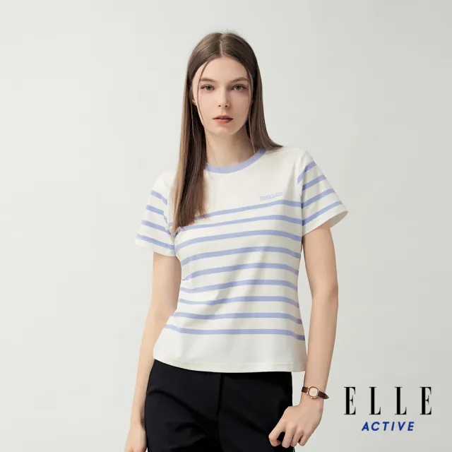 【ELLE ACTIVE】女款 肩釦設計條紋圓領短袖T恤-水藍色(EA26S1W1605-31)