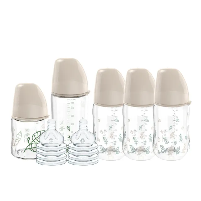 【nip 德國】小資實用PP奶瓶入門組(PP奶瓶260ml*3+玻璃奶瓶240m1*1+玻璃奶瓶120m1*1+矽膠奶嘴M*8)