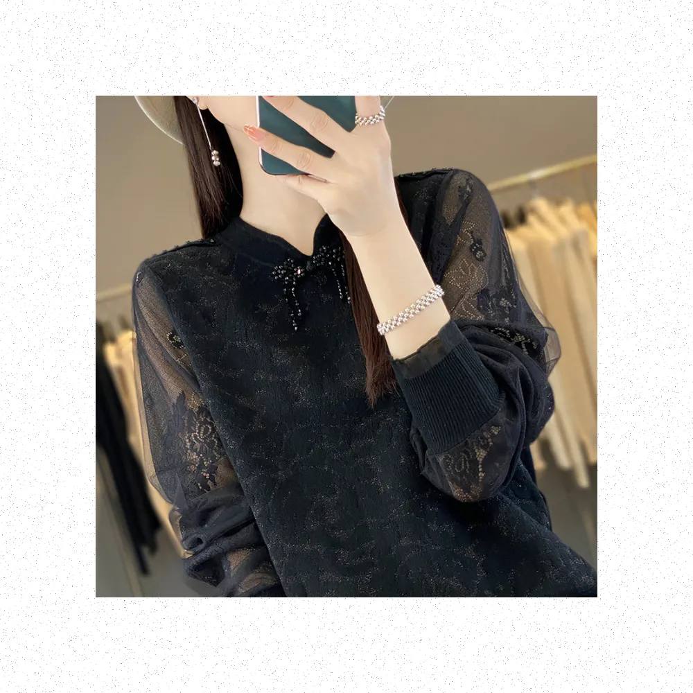 【Very Buy 非常勸敗】預購/新中式蕾絲旗袍領國風精紡羊毛女士套頭立領歐美內搭上衣
