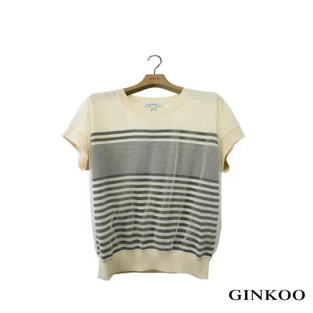 【GINKOO 俊克】網莎落肩袖條紋針織上衣