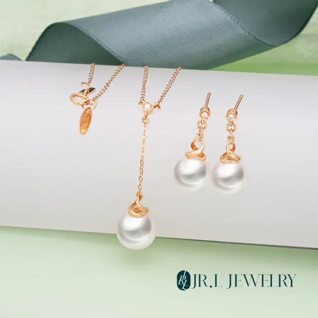 【JR.L JEWELRY】天然珍珠 淡月柔光18K金天然鑽石珍珠套組(耳環8-8.5/項鍊8.5-9MM)