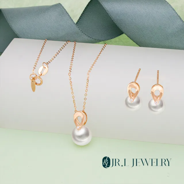 【JR.L JEWELRY】天然珍珠 潮映珠韻18K金天然鑽石珍珠套組(耳環7-7.5MM/項鍊8.5-9MM)
