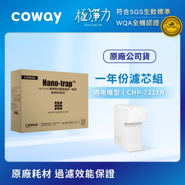 【Coway】一年份濾芯組★純淨水極光 桌上型冰溫熱飲水機(6段溫控/定時殺菌/App/免費基本安裝/CHP-7211N)