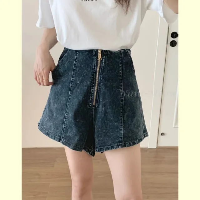 【Want-Meow】80公斤可穿/超瘦拉鍊中線牛仔辣短褲中高腰牛仔短褲牛仔褲(大尺碼/大碼/牛仔短褲)