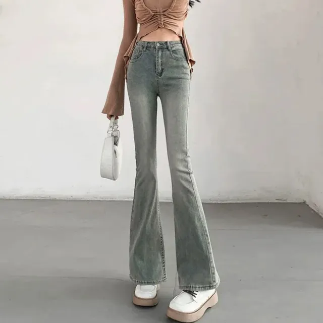 【D.studio】韓版美式復古牛仔褲 喇叭褲 牛仔長褲 寬褲 褲子 長褲 休閒褲 夏季女裝 拖地褲 P430
