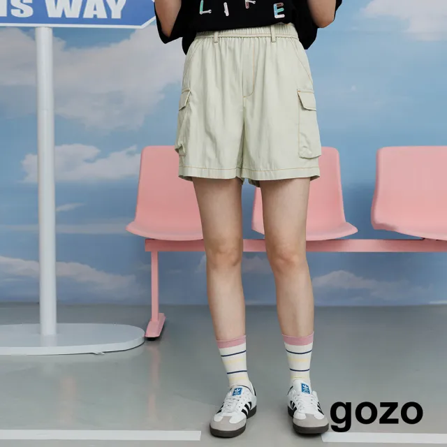 【gozo】MOMO獨家款★限量開賣 工裝風全腰鬆緊涼感短褲(淺卡其/黑色)