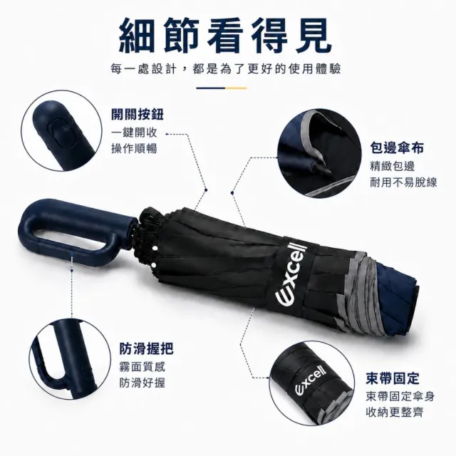 【Excell.tw】反向環扣自動傘 10骨抗強風 105CM大傘面 UPF50+黑膠防曬