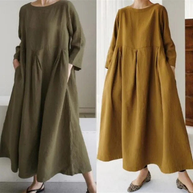 【巴黎精品】現貨限搶 女連身裙亞麻棉麻洋裝大尺碼寬鬆長裙A字裙休閒女裝(長袖太陽裙女裙子3款b1a26)