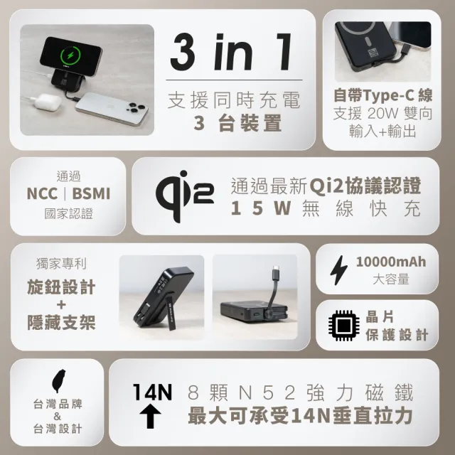 【WEILIFE】Rush Cubie Qi2 10000mAh 15W磁吸無線充行動電源(MagSafe/自帶線/隱藏支架/可上飛機)