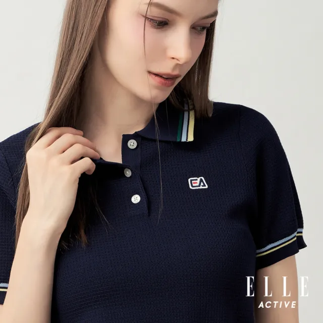 【ELLE ACTIVE】女款 撞色領口翻領短袖針織上衣-深藍色(EA26S4W5105-39)