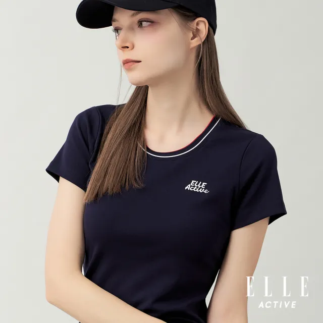 【ELLE ACTIVE】女款 胸前Logo修身圓領短袖T恤-深藍色(EA26S4W1601-39)