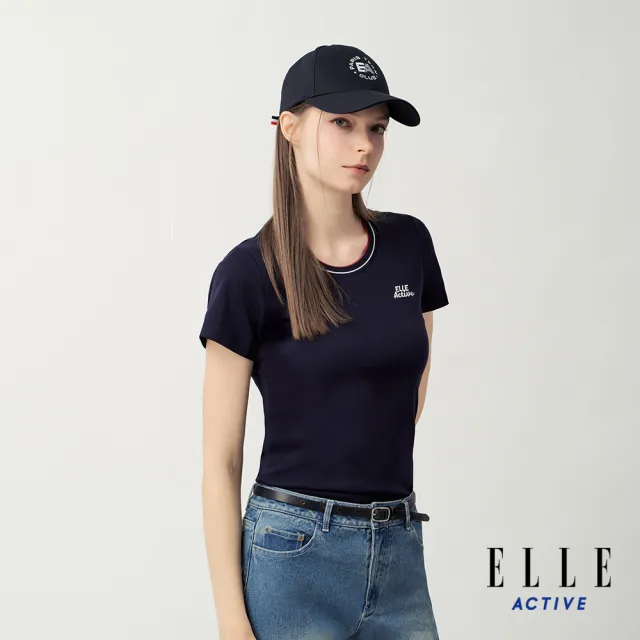【ELLE ACTIVE】女款 胸前Logo修身圓領短袖T恤-深藍色(EA26S4W1601-39)