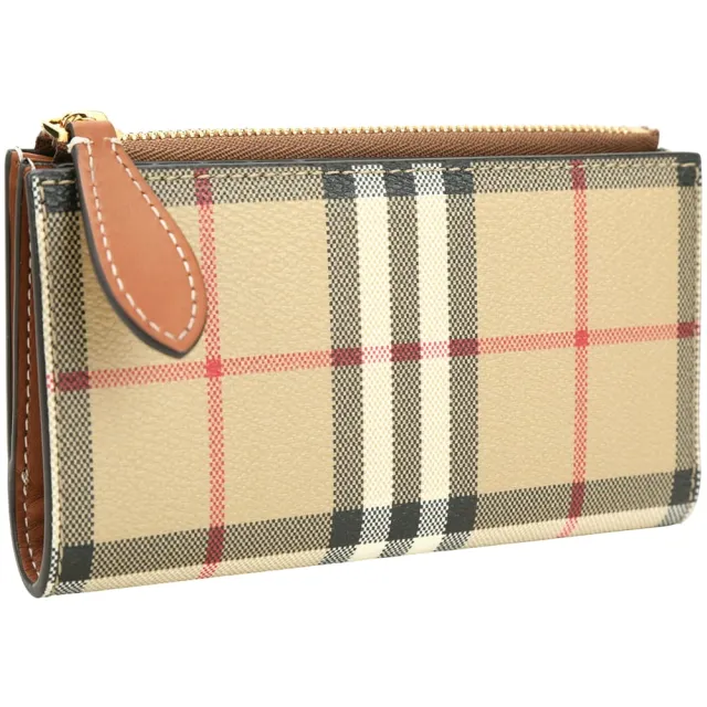【BURBERRY 巴寶莉】格紋塗層小牛皮釦式對折中夾(典藏米X石楠棕)