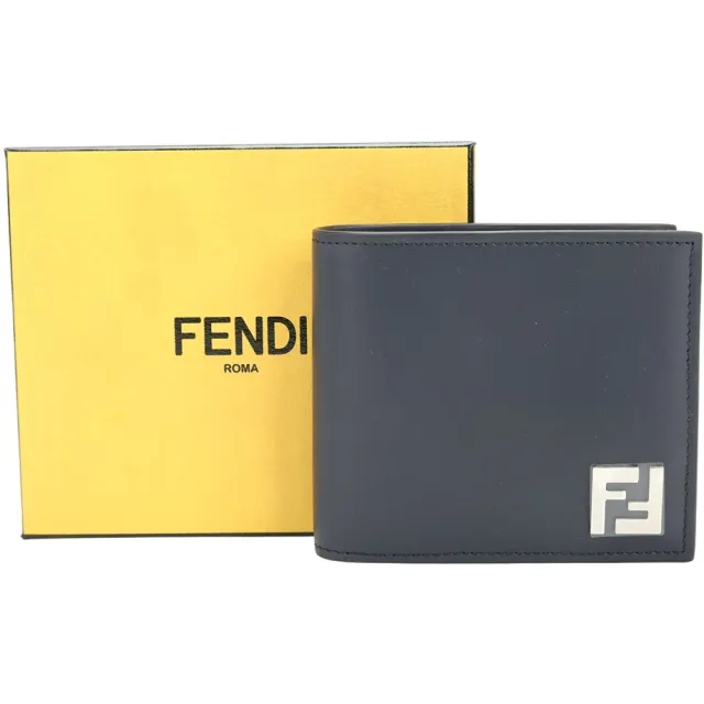 【FENDI 芬迪】FF Squared 滑面牛皮拼老花帆布8卡對折短夾(深藍)