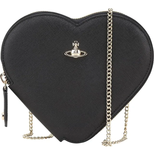 【Vivienne Westwood】星球飾防刮牛皮心型鍊帶斜背包(黑色)