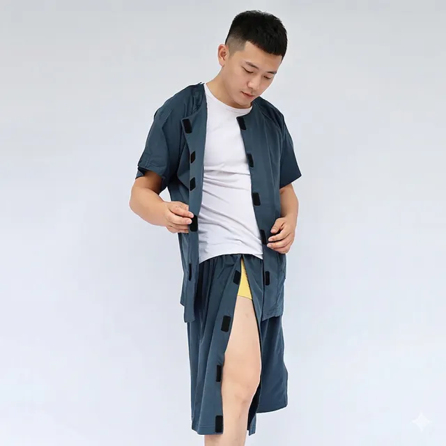 【B+ 大尺碼專家】(上衣+短褲) 護理服 男女適用 易穿脫 黏貼式 全開 夏季 棉 套裝 (A020202)