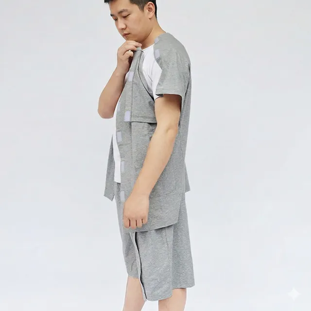 【B+ 大尺碼專家】(上衣+短褲) 護理服 男女適用 易穿脫 黏貼式 全開 夏季 棉 套裝 (A020202)