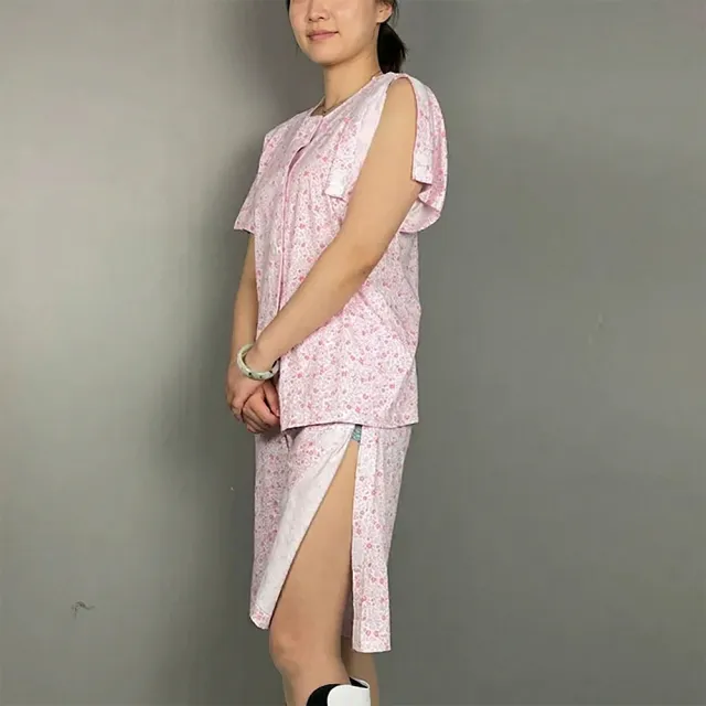 【B+ 大尺碼專家】(上衣+短褲) 護理服 女款 易穿脫 黏貼式 全開 夏季 全棉 套裝 (A010202)