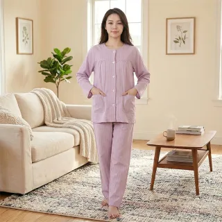 【B+ 大尺碼專家】(上衣+長褲) 護理服 女款 易穿脫 黏貼式 全開 秋冬 全棉 長袖 套裝 (A010101)