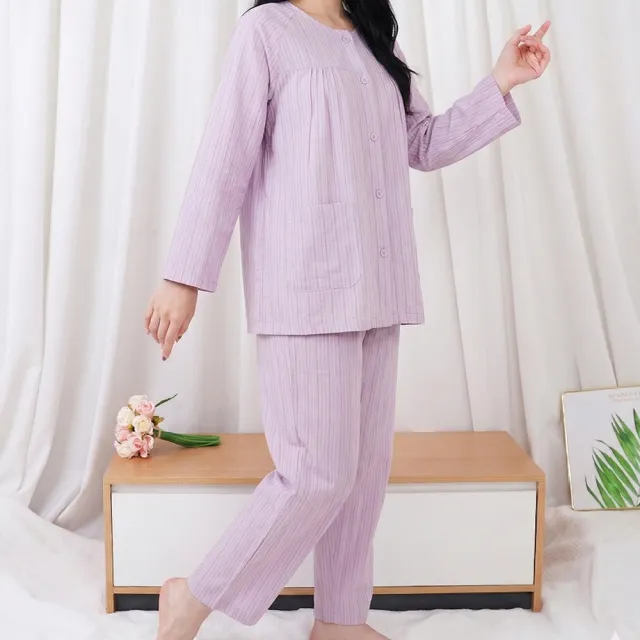 【B+ 大尺碼專家】(上衣+長褲) 護理服 女款 易穿脫 黏貼式 全開 秋冬 全棉 長袖 套裝 (A010101)
