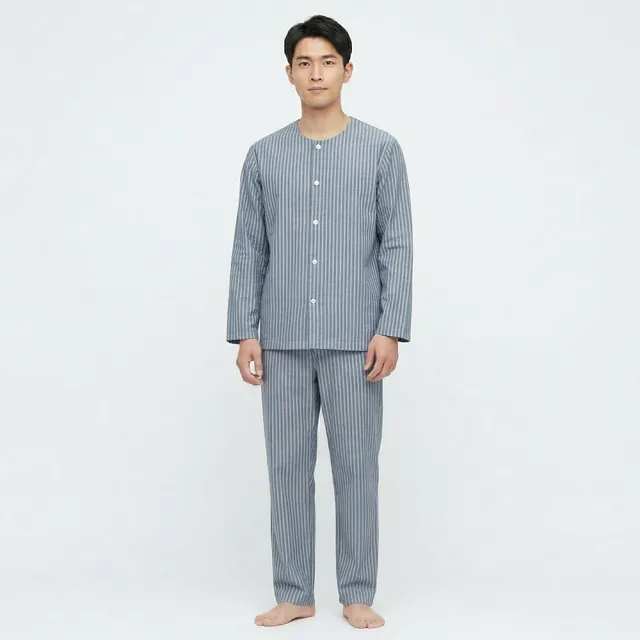 【B+ 大尺碼專家】(上衣+長褲) 護理服 男款 易穿脫 黏貼式 全開 秋冬 全棉 長袖 套裝 (A020101)