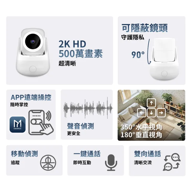 【FAMMIX 菲米斯】XF3 真2K 500萬畫素隱藏式鏡頭WiFi攝影機/監視器(兩入組)